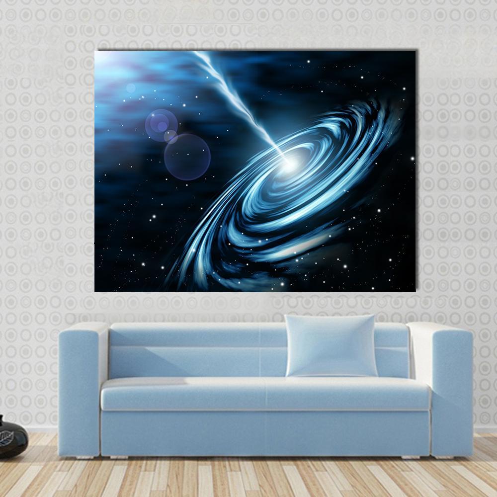 Swirling Blue Black Hole with Star Dust Canvas Wall Art in black and blue, single panel hung on a wall