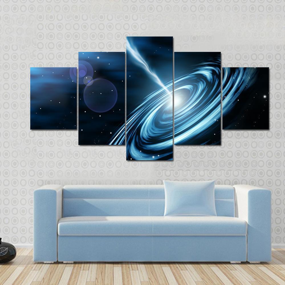 Blue Galaxy With Star Dust Canvas Wall Art-5 Star-Gallery Wrap-62" x 32"-Tiaracle
