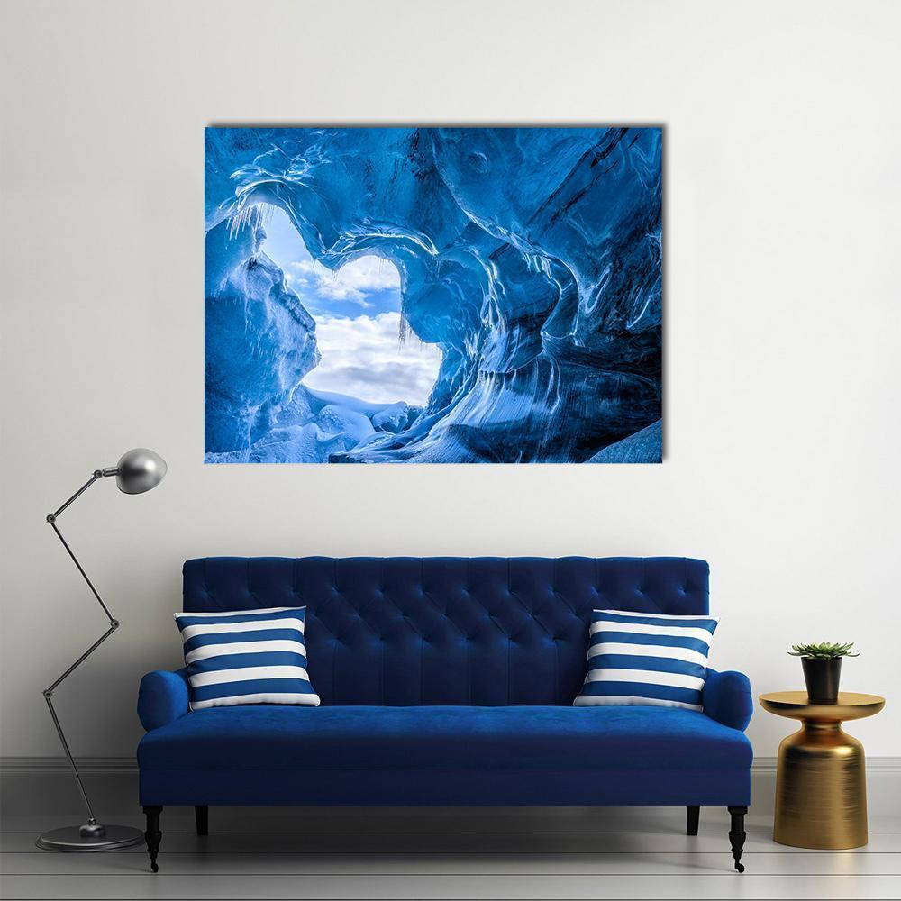 Blue Glacier Ice Cave Canvas Wall Art in white and blue, single panel hung on a wall