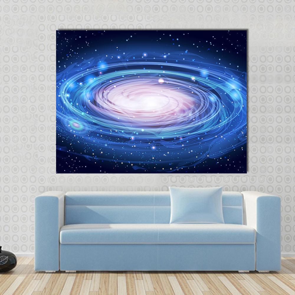 Blue Glowing Andromeda Canvas Wall Art in black, white and blue, single panel hung on a wall