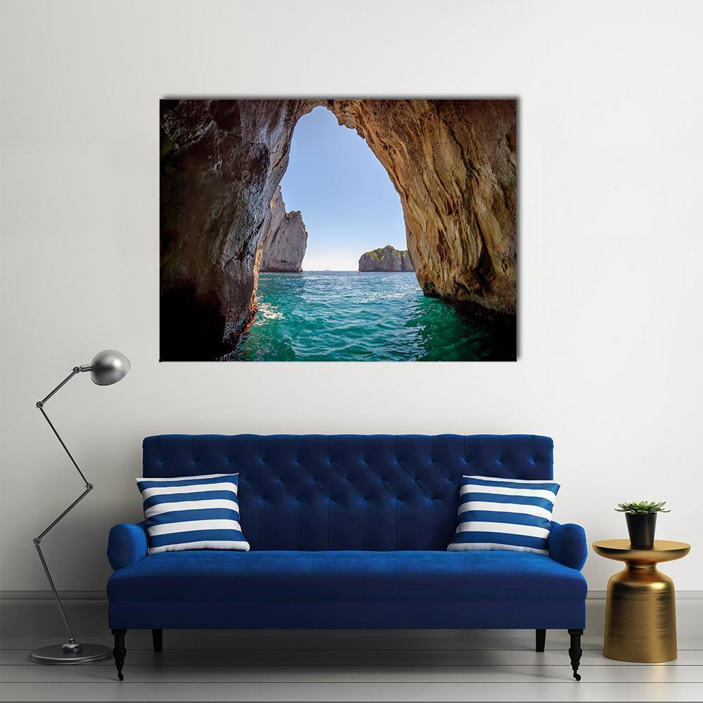 Blue Grotto Sea Cave, Italy Canvas Wall Art in gray, brown and blue, single panel hung on a wall