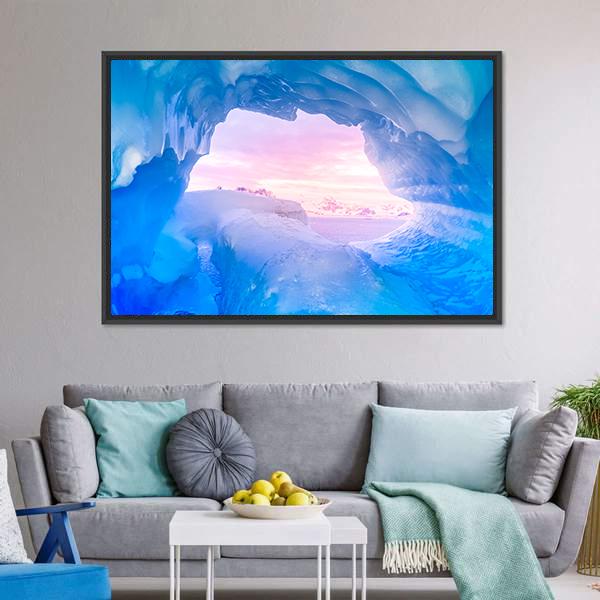 Blue Ice Cave Canvas Wall Art-1 Piece-Floating Frame-24" x 16"-Tiaracle