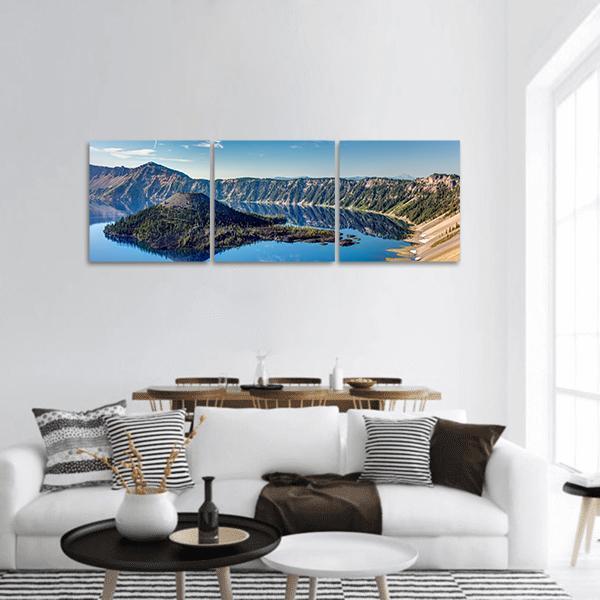 Blue Jewel Lake, Oregon Panoramic Canvas Wall Art in gray, brown and blue, hung on a wall