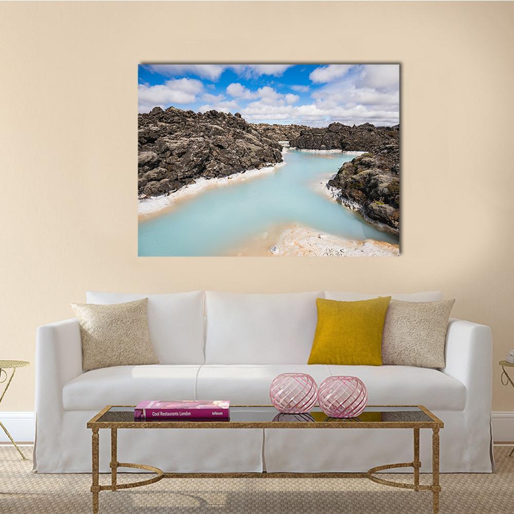 Blue Lagoon Geothermal Pool, Iceland Canvas Wall Art in white, brown and blue, single panel hung on a wall