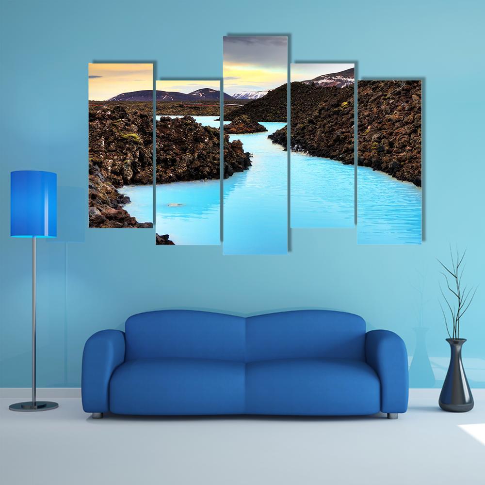 Blue Lagoon Waters In Lava Field Canvas Wall Art-5 Pop-Gallery Wrap-47" x 32"-Tiaracle