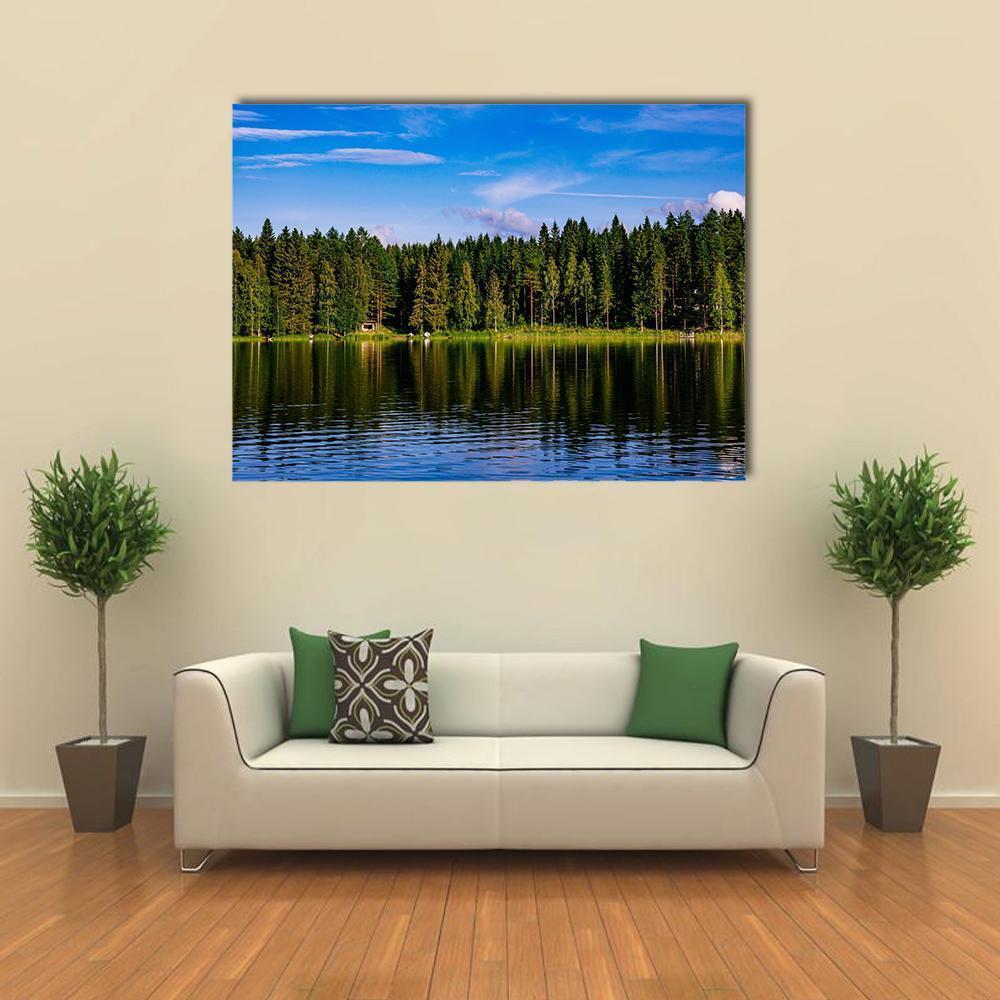 Blue Lake &amp; House Canvas Wall Art-1 Piece-Gallery Wrap-48" x 32"-Tiaracle