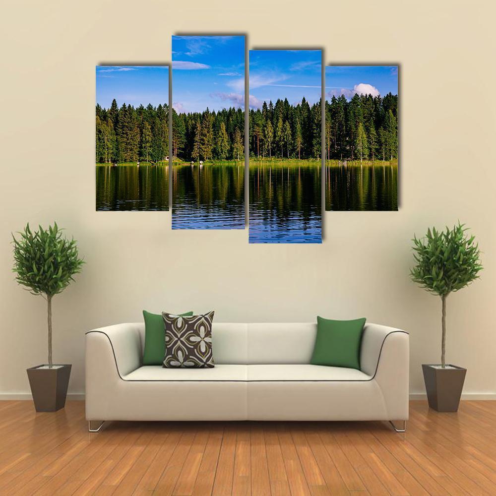 Blue Lake &amp; House Canvas Wall Art-4 Pop-Gallery Wrap-50" x 32"-Tiaracle