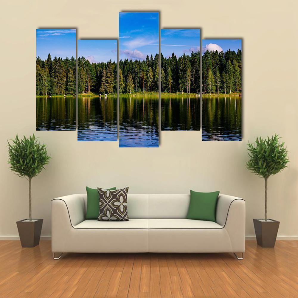 Blue Lake &amp; House Canvas Wall Art-5 Pop-Gallery Wrap-47" x 32"-Tiaracle