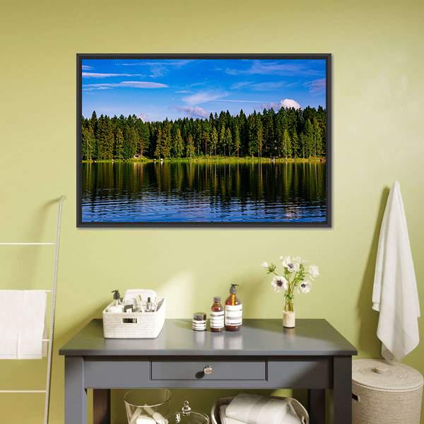 Blue Lake &amp; House Canvas Wall Art-3 Horizontal-Gallery Wrap-25" x 16"-Tiaracle
