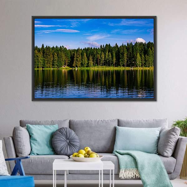 Blue Lake &amp; House Canvas Wall Art-1 Piece-Floating Frame-24" x 16"-Tiaracle