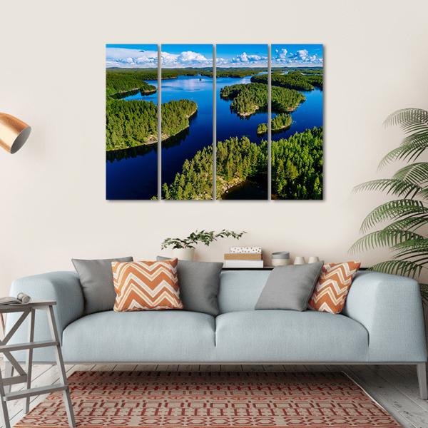 Blue Lake In Green Forest Canvas Wall Art-4 Horizontal-Gallery Wrap-34" x 24"-Tiaracle