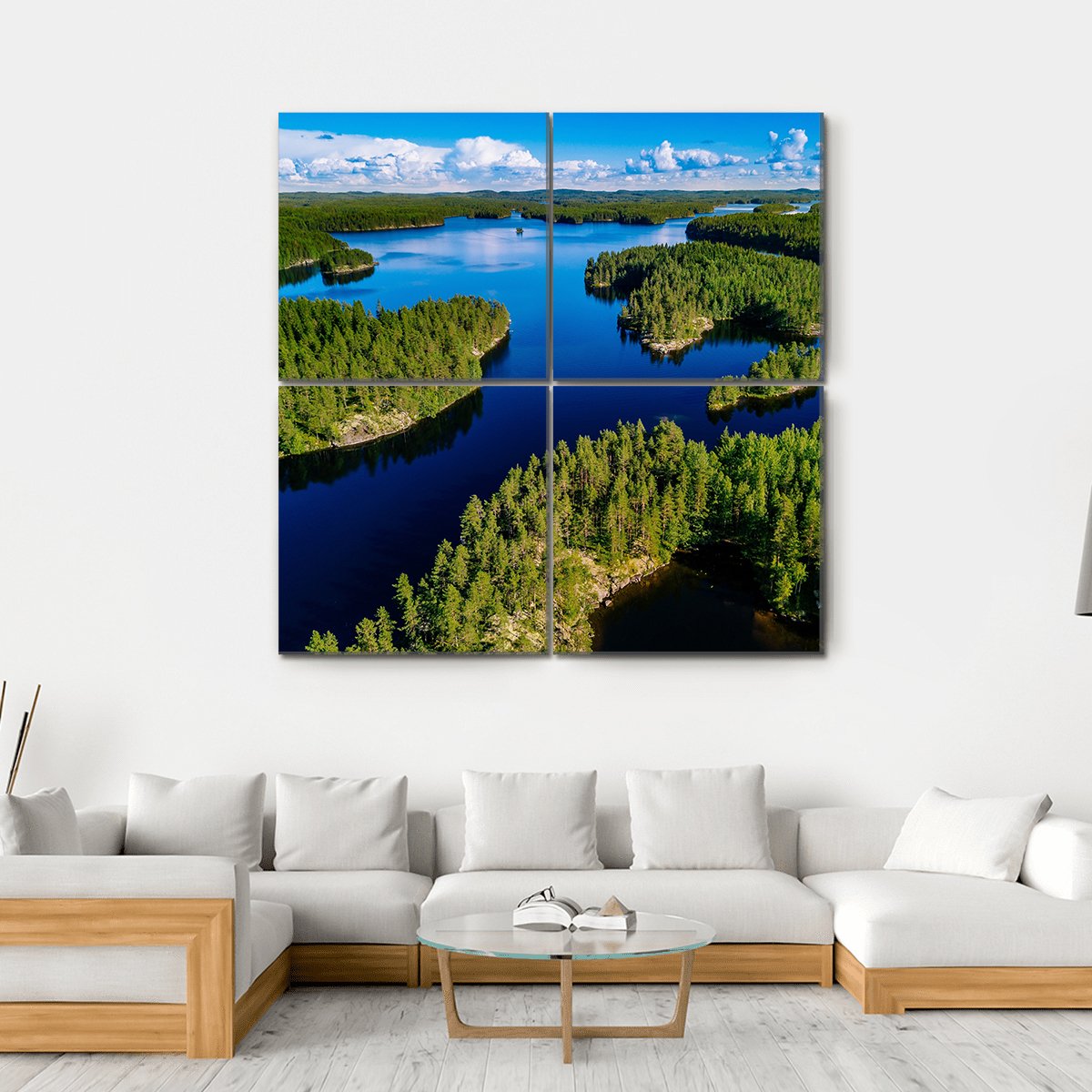 Blue Lake In Green Forest Canvas Wall Art-4 Square-Gallery Wrap-17" x 17"-Tiaracle