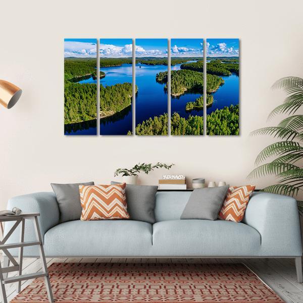 Blue Lake In Green Forest Canvas Wall Art-5 Horizontal-Gallery Wrap-22" x 12"-Tiaracle