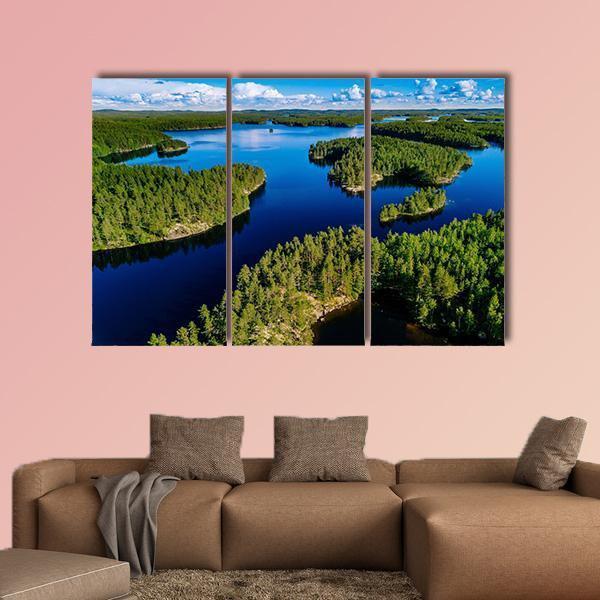 Blue Lake In Green Forest Canvas Wall Art-3 Horizontal-Gallery Wrap-37" x 24"-Tiaracle