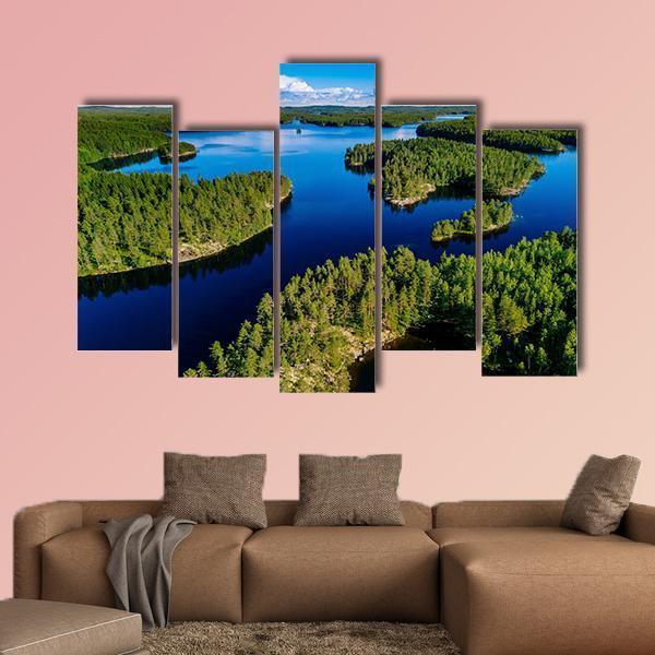 Blue Lake In Green Forest Canvas Wall Art-5 Star-Gallery Wrap-62" x 32"-Tiaracle