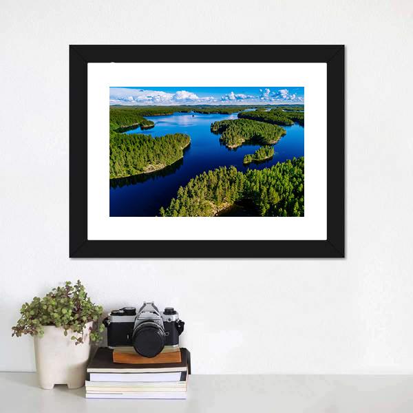 Blue Lake In Green Forest Canvas Wall Art-1 Piece-Framed Print-20" x 16"-Tiaracle