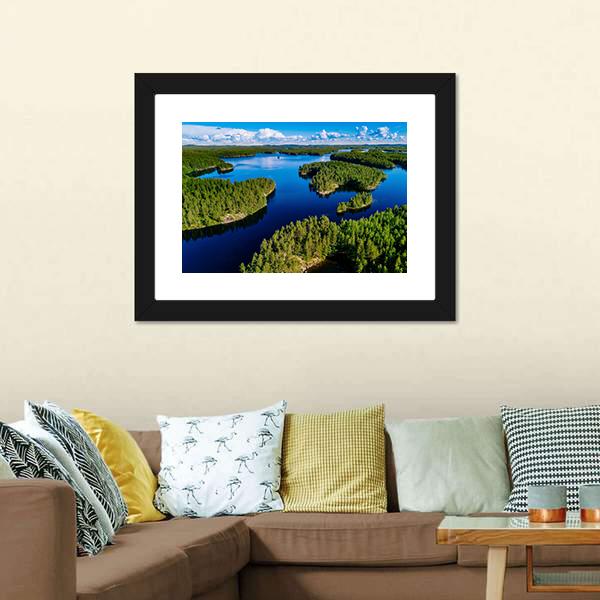 Blue Lake In Green Forest Canvas Wall Art-3 Horizontal-Gallery Wrap-25" x 16"-Tiaracle