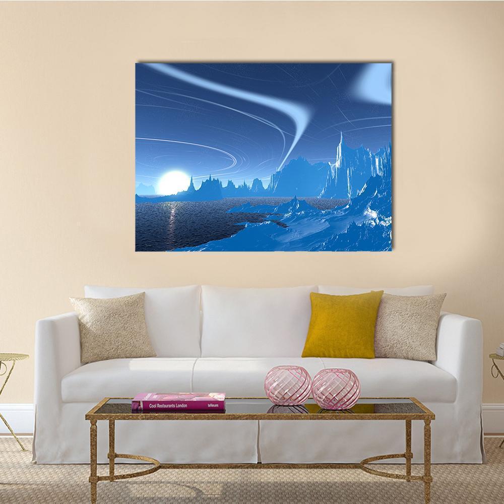 Blue Lake on Alien Planet Canvas Wall Art in blue and navy, single panel hung on a wall