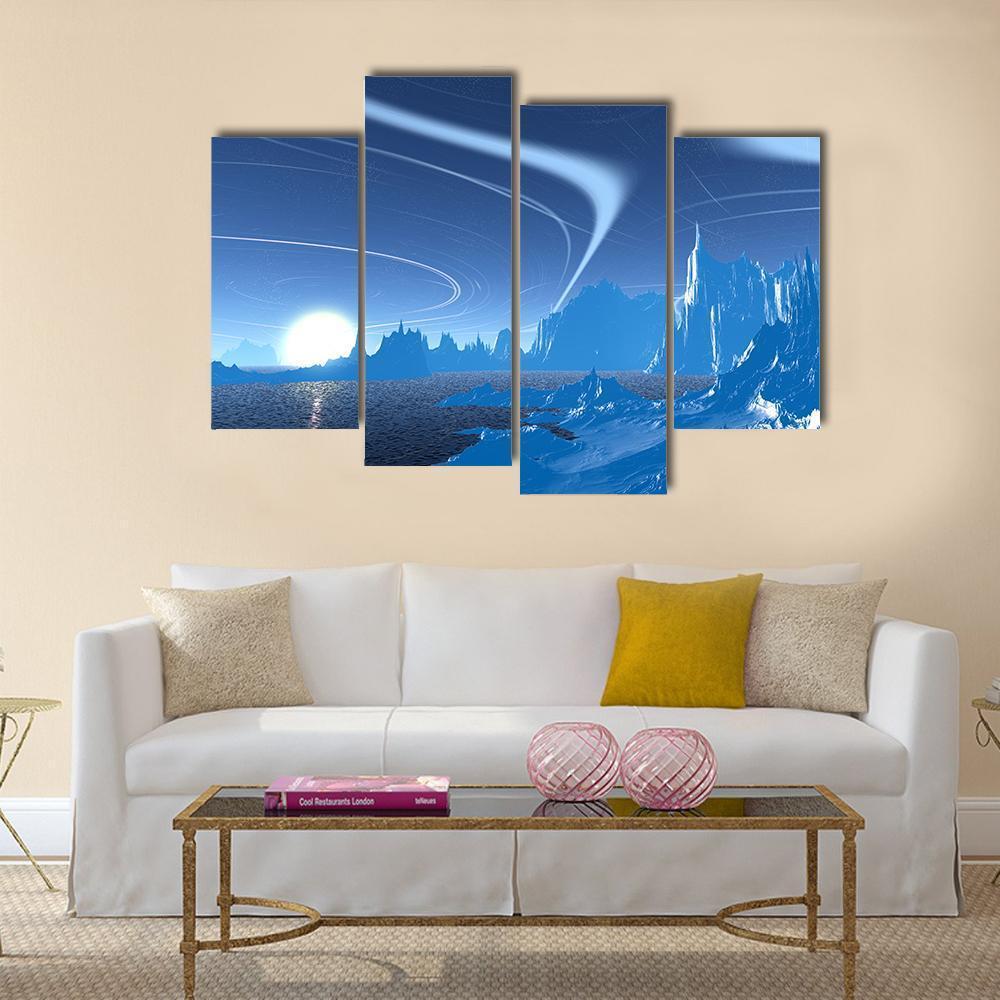 Blue Lake On Alien Planet Canvas Wall Art-4 Pop-Gallery Wrap-50" x 32"-Tiaracle