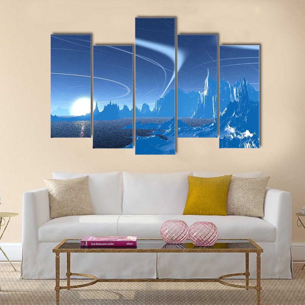 Blue Lake On Alien Planet Canvas Wall Art-5 Pop-Gallery Wrap-47" x 32"-Tiaracle