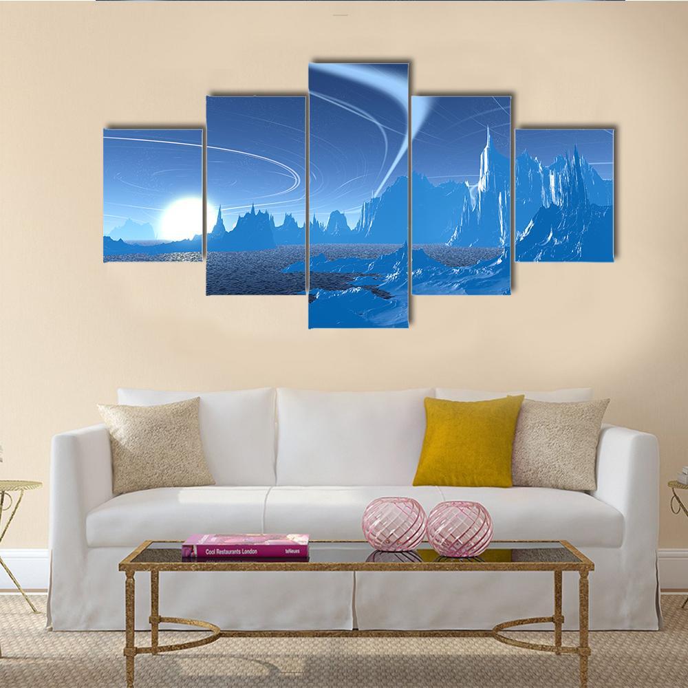 Blue Lake On Alien Planet Canvas Wall Art-5 Star-Gallery Wrap-62" x 32"-Tiaracle