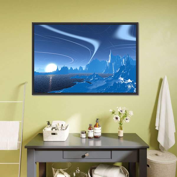 Blue Lake On Alien Planet Canvas Wall Art-3 Horizontal-Gallery Wrap-25" x 16"-Tiaracle