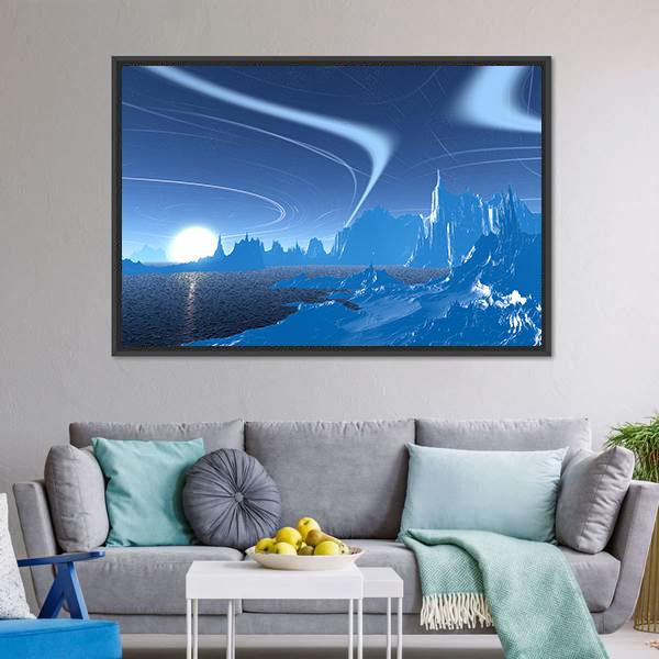 Blue Lake On Alien Planet Canvas Wall Art-1 Piece-Floating Frame-24" x 16"-Tiaracle
