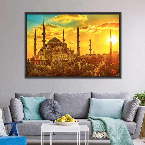 Blue Mosque At Beautiful Sunset Canvas Wall Art-1 Piece-Floating Frame-24" x 16"-Tiaracle