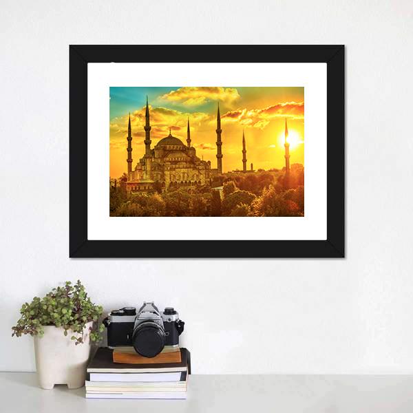 Blue Mosque At Beautiful Sunset Canvas Wall Art-1 Piece-Framed Print-20" x 16"-Tiaracle