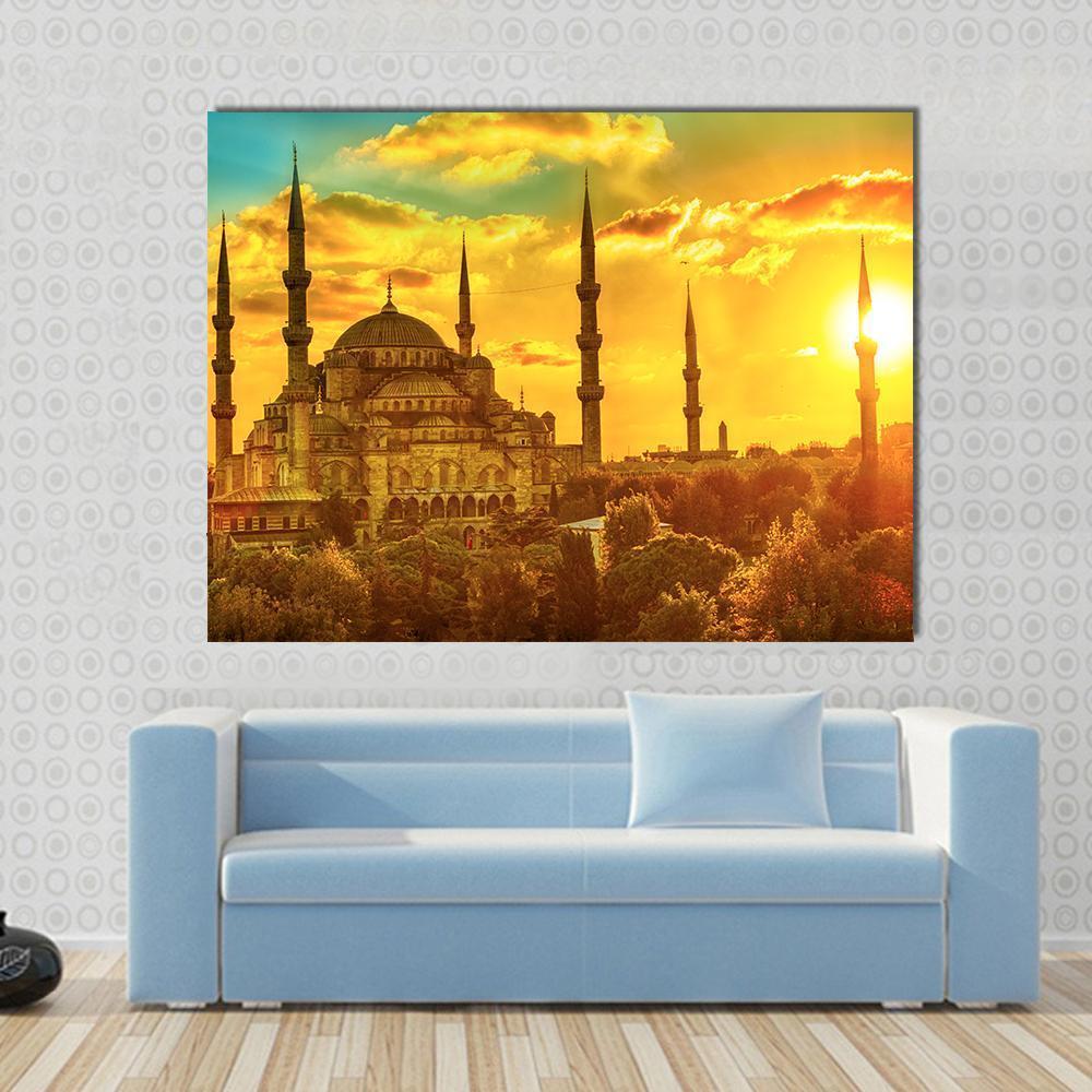 Blue Mosque at Beautiful Sunset Canvas Wall Art in gold, orange and yellow, single panel hung on a wall