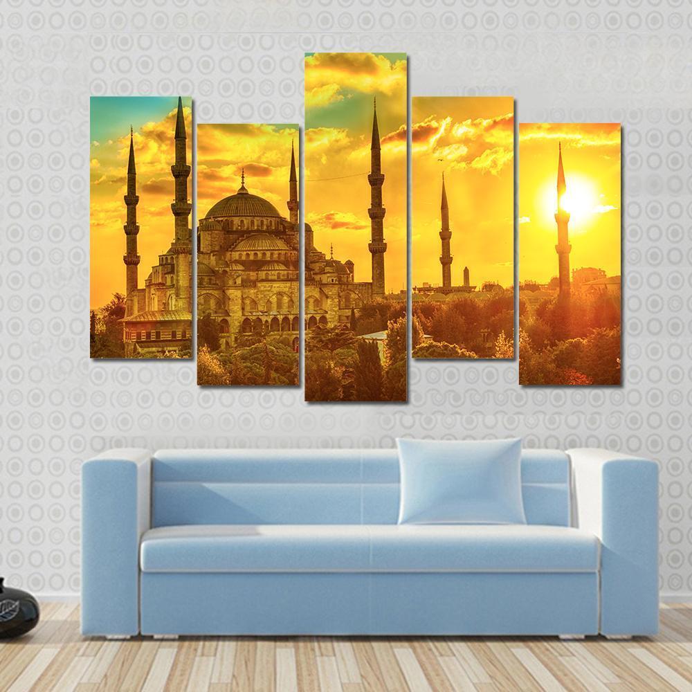 Blue Mosque At Beautiful Sunset Canvas Wall Art-5 Pop-Gallery Wrap-47" x 32"-Tiaracle