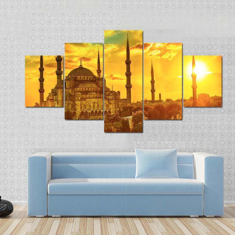 Blue Mosque At Beautiful Sunset Canvas Wall Art-5 Star-Gallery Wrap-62" x 32"-Tiaracle