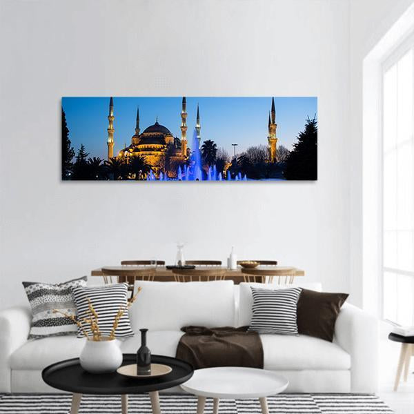 Blue Fountains At Blue Mosque Panoramic Canvas Wall Art-1 Piece-36" x 12"-Tiaracle