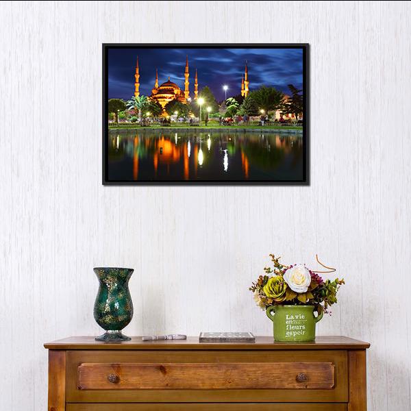 Blue Mosque At Night Canvas Wall Art-1 Piece-Floating Frame-24" x 16"-Tiaracle