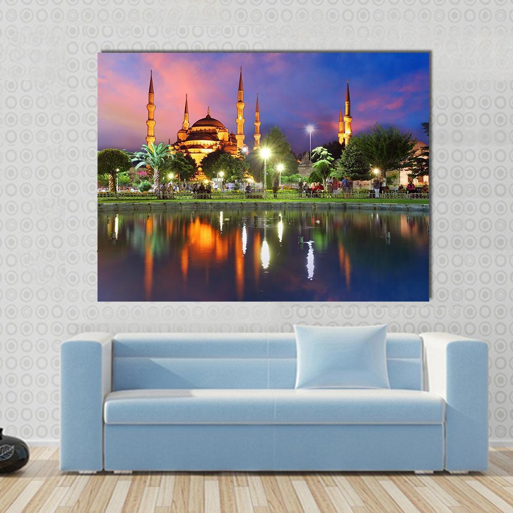 Blue Mosque At Night Canvas Wall Art-1 Piece-Gallery Wrap-36" x 24"-Tiaracle