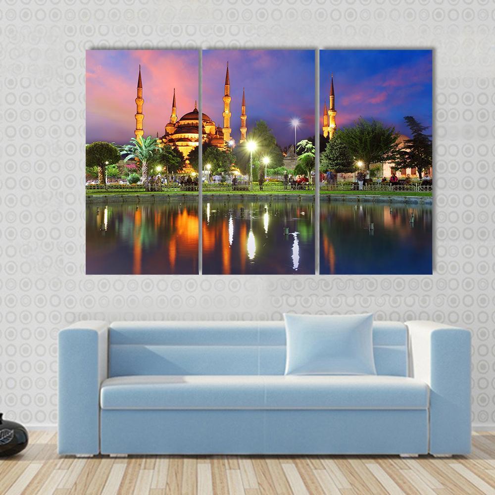 Blue Mosque At Night Canvas Wall Art-3 Horizontal-Gallery Wrap-37" x 24"-Tiaracle