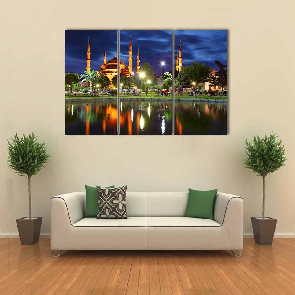 Blue Mosque At Night Canvas Wall Art-3 Horizontal-Gallery Wrap-25" x 16"-Tiaracle