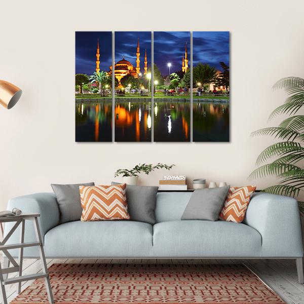 Blue Mosque At Night Canvas Wall Art-4 Horizontal-Gallery Wrap-34" x 24"-Tiaracle