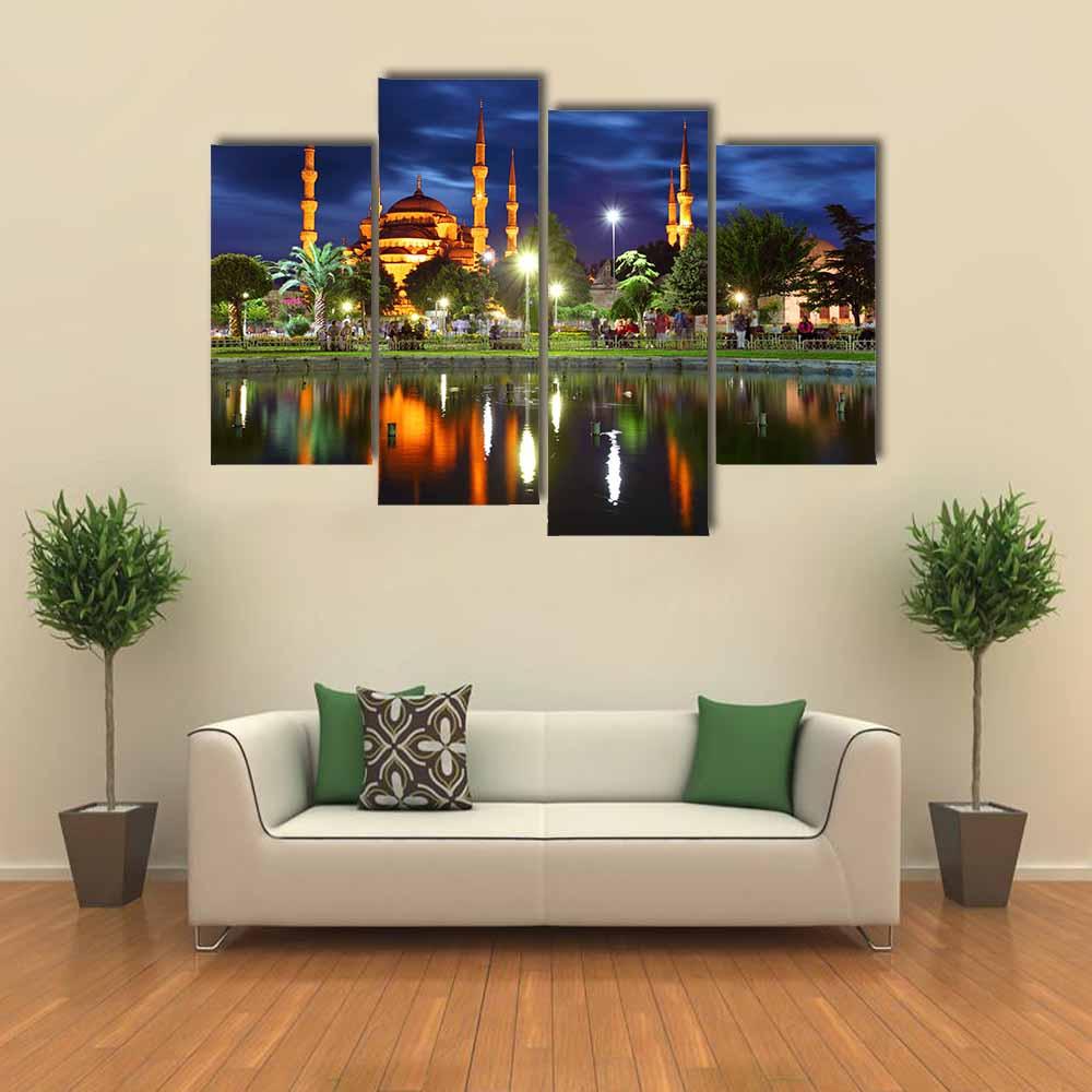 Blue Mosque At Night Canvas Wall Art-4 Pop-Gallery Wrap-34" x 20"-Tiaracle