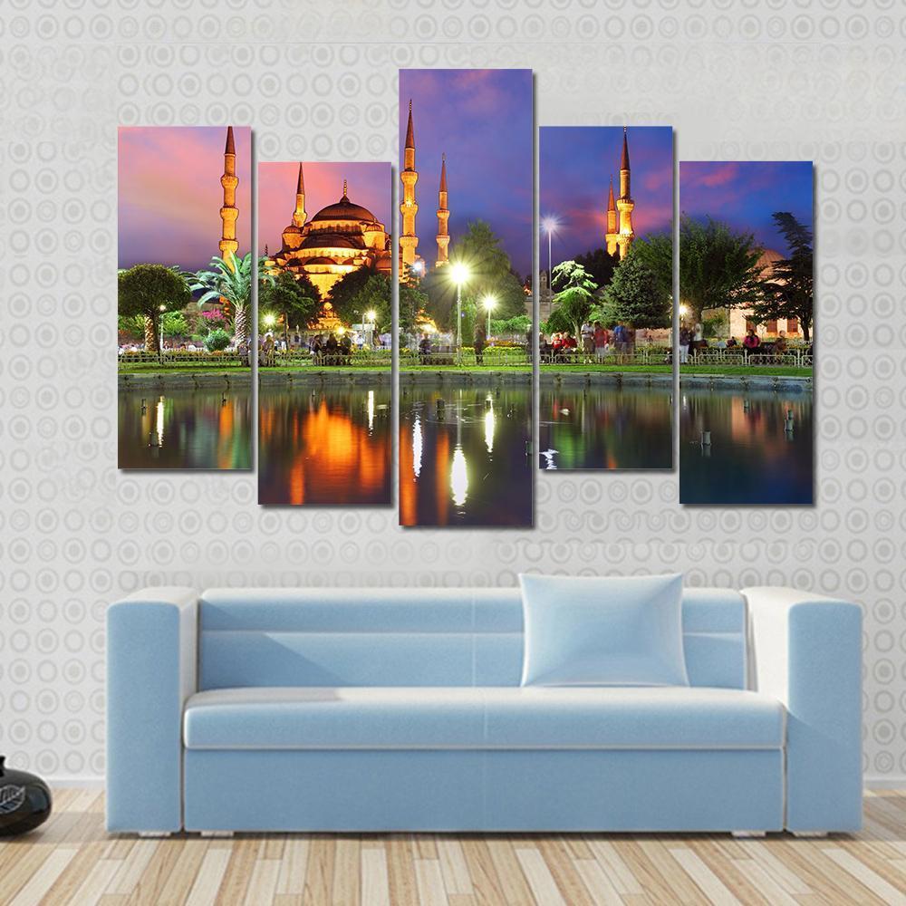 Blue Mosque At Night Canvas Wall Art-5 Pop-Gallery Wrap-47" x 32"-Tiaracle