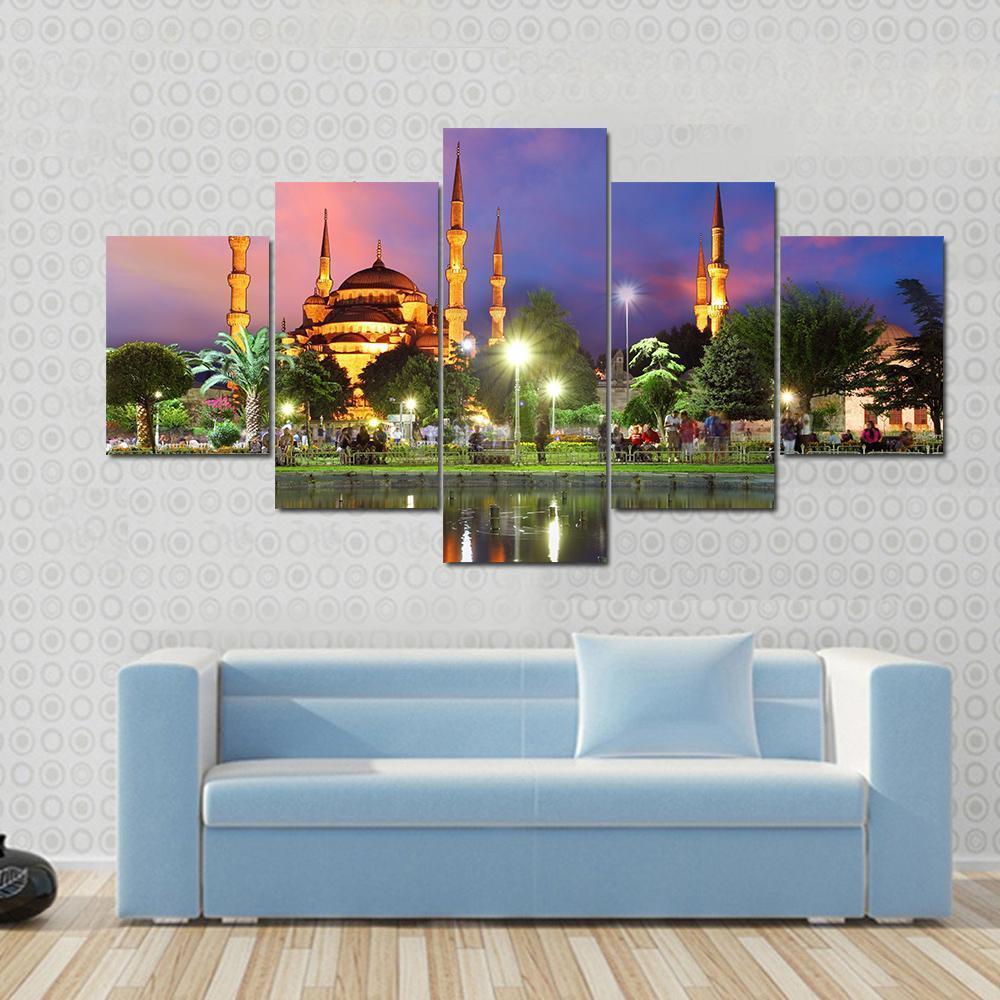Blue Mosque At Night Canvas Wall Art-5 Star-Gallery Wrap-62" x 32"-Tiaracle