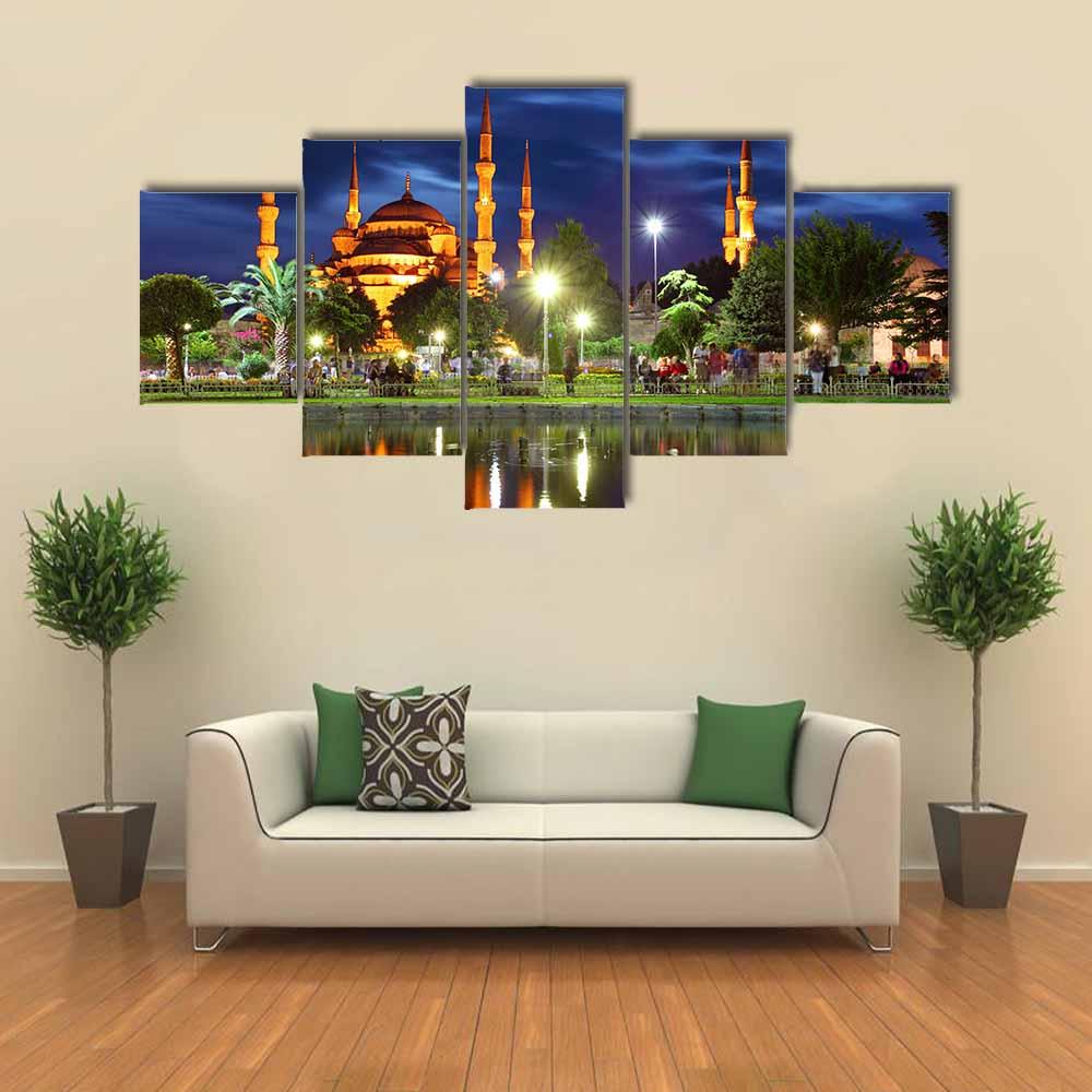 Blue Mosque At Night Canvas Wall Art-5 Star-Gallery Wrap-42" x 21"-Tiaracle