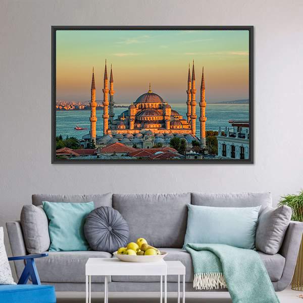Blue Mosque At Sunset Canvas Wall Art-1 Piece-Floating Frame-24" x 16"-Tiaracle