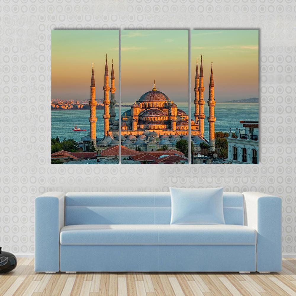 Blue Mosque At Sunset Canvas Wall Art-3 Horizontal-Gallery Wrap-37" x 24"-Tiaracle