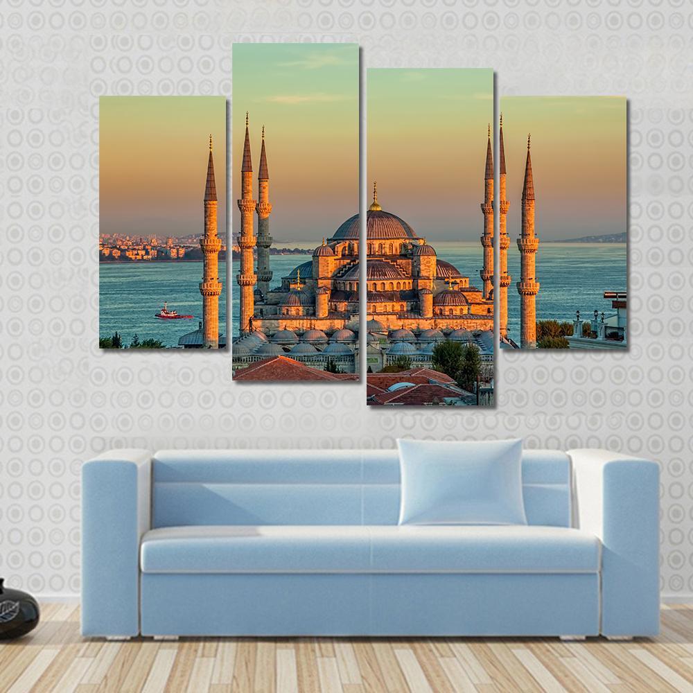 Blue Mosque At Sunset Canvas Wall Art-4 Pop-Gallery Wrap-50" x 32"-Tiaracle