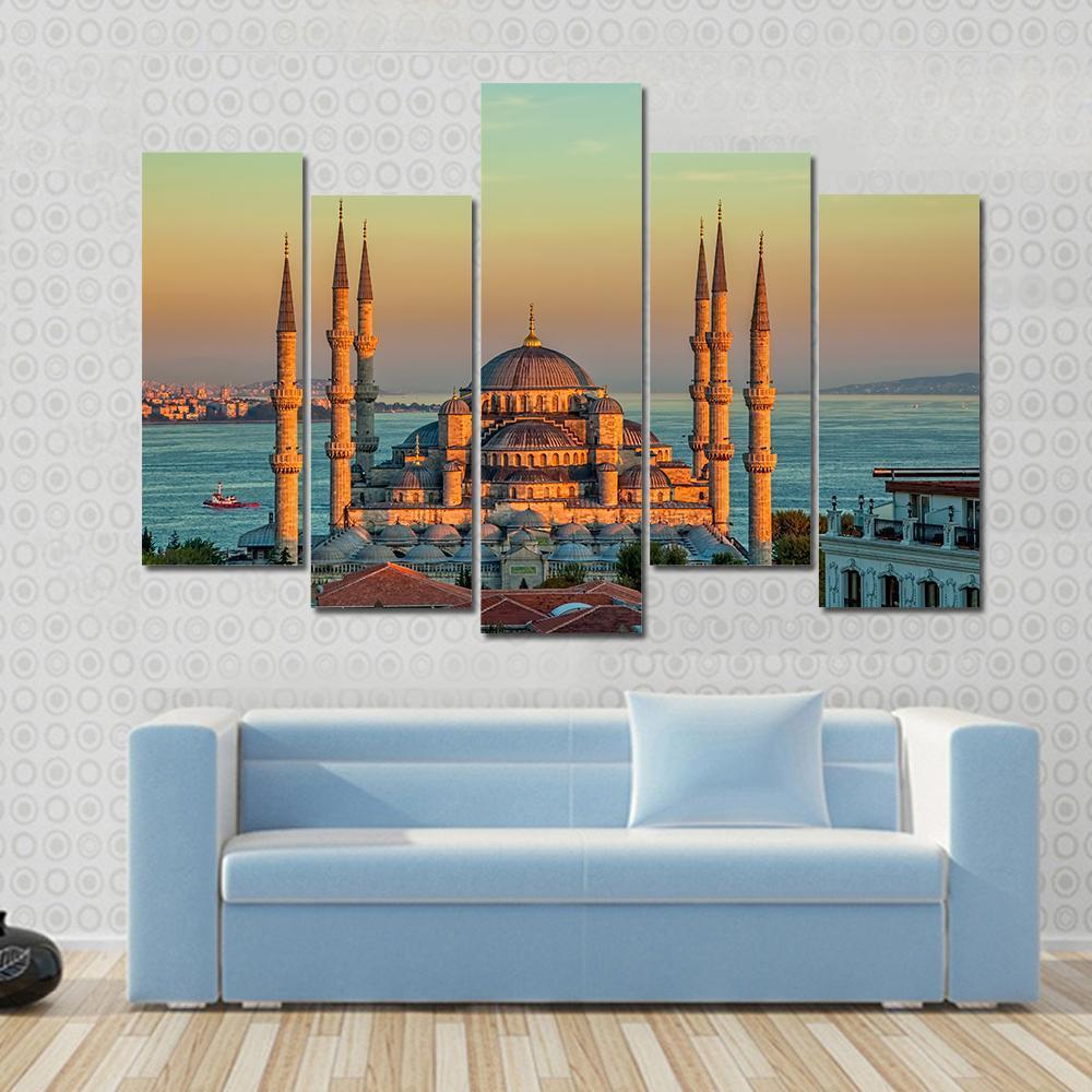 Blue Mosque At Sunset Canvas Wall Art-5 Pop-Gallery Wrap-47" x 32"-Tiaracle