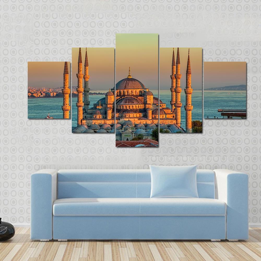 Blue Mosque At Sunset Canvas Wall Art-5 Star-Gallery Wrap-62" x 32"-Tiaracle