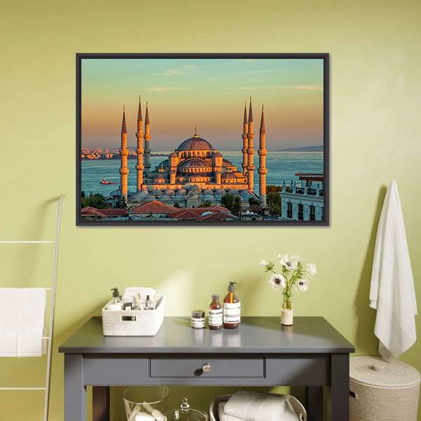 Blue Mosque At Sunset Canvas Wall Art-3 Horizontal-Gallery Wrap-25" x 16"-Tiaracle