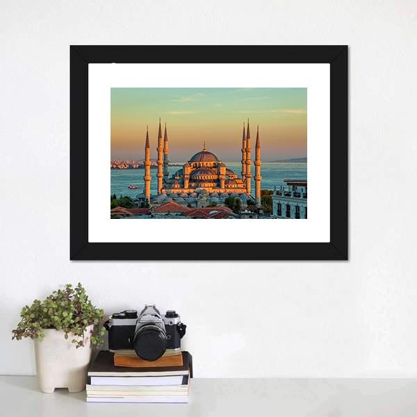 Blue Mosque At Sunset Canvas Wall Art-1 Piece-Framed Print-20" x 16"-Tiaracle