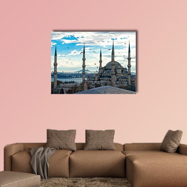 Blue Mosque Istanbul Canvas Wall Art in white, gray and blue, single panel hung on a wall